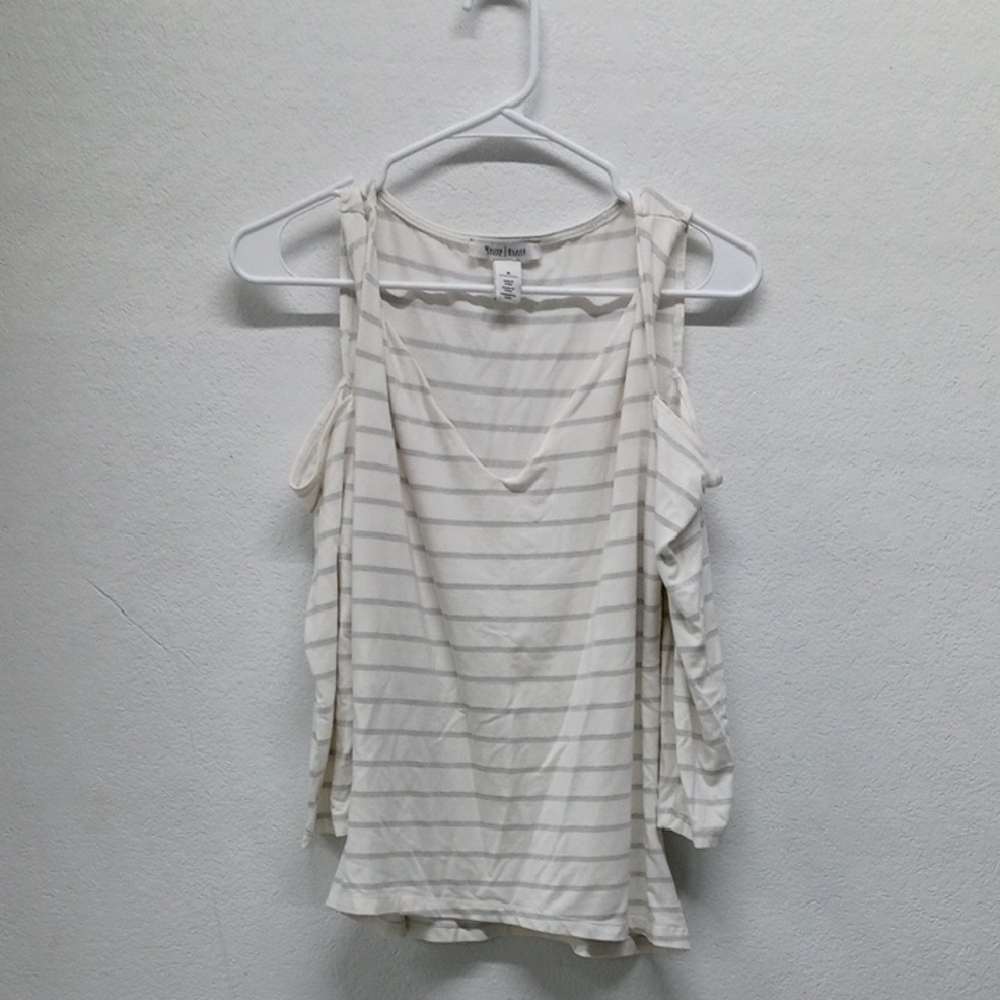 White House Black Market White and Silver Striped V-neck Long Sleeve Top